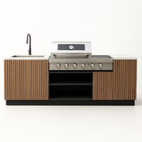 Outdoor Kitchen Island Built for Backyard Entertaining, Stainless Steel Worktops, Teak Cabinet Faces, High-Performance Grill
