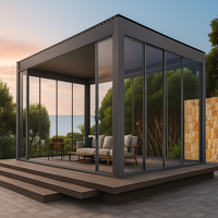 Glass Pergola Pavilion Built for Year-Round Use, Sliding Glass Walls, Insulated Roof, LED Lighting