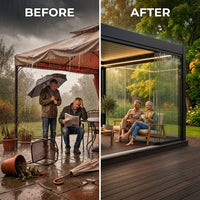 Glass Pergola Pavilion Built for Year-Round Use, Sliding Glass Walls, Insulated Roof, LED Lighting — Before & After