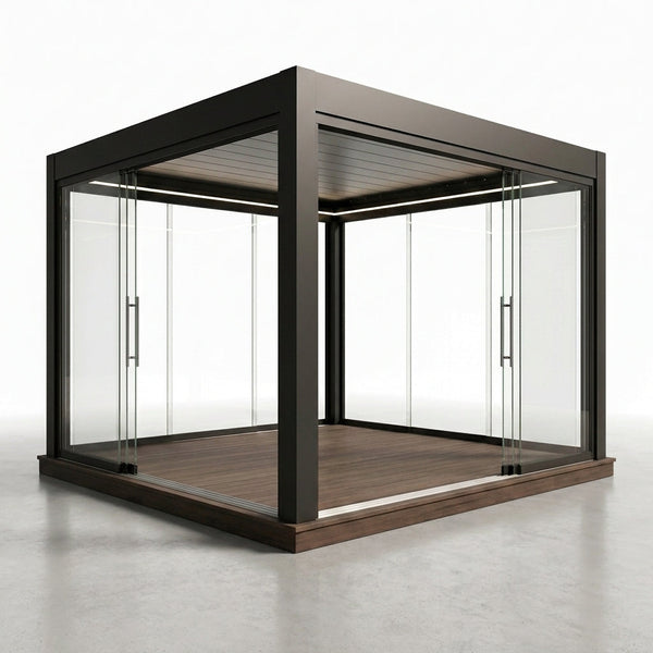 Glass Pergola Pavilion Built for Year-Round Use, Sliding Glass Walls, Insulated Roof, LED Lighting — Studio Shot