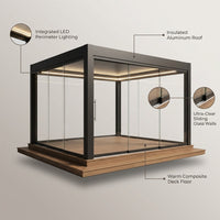 Glass Pergola Pavilion Built for Year-Round Use, Sliding Glass Walls, Insulated Roof, LED Lighting — infographic