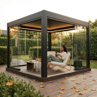 Glass Pergola Pavilion Built for Year-Round Use, Sliding Glass Walls, Insulated Roof, LED Lighting — Lifestyle