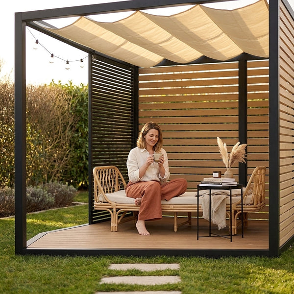Architectural Pergola Designed for Modern Outdoor Spaces, Powder-Coated Aluminum Frame, Wave-Form Fabric Canopy